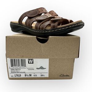 NWT Clarks Womens Leisa Cacti Leather Embellished Slip-on Sandals Brown Sz 8.5